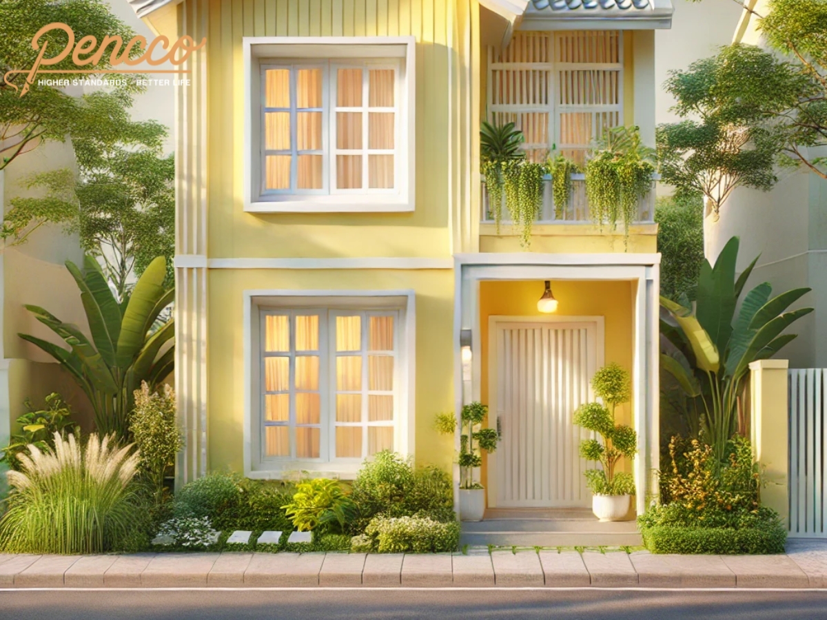 Nhà cấp 4 một tầng, màu vàng nhẹ, khung cửa trắng, cây xanh.
