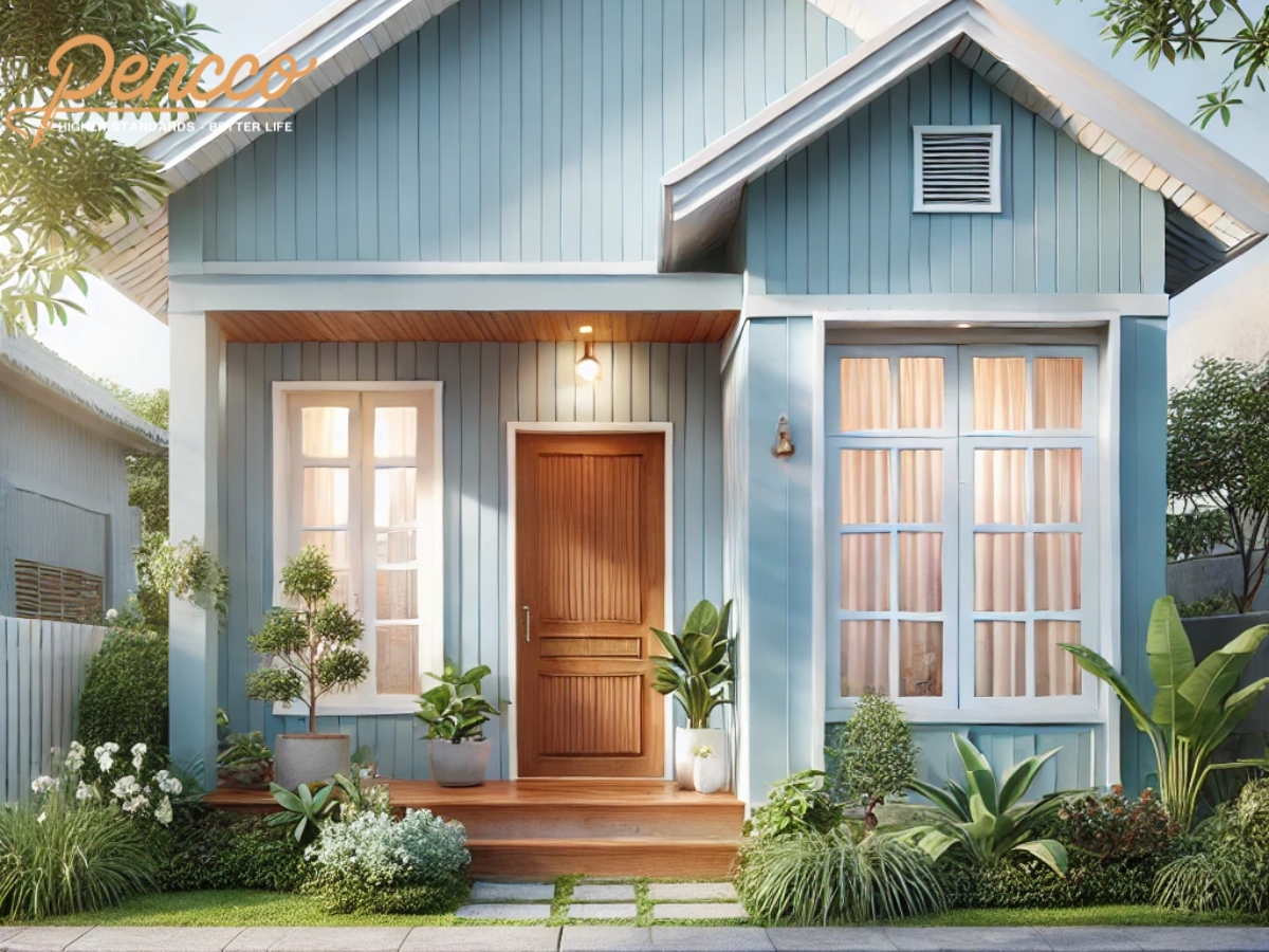 Màu xanh dương nhạt kết hợp khung cửa trắng mang đến sự thư giãn và sang trọng