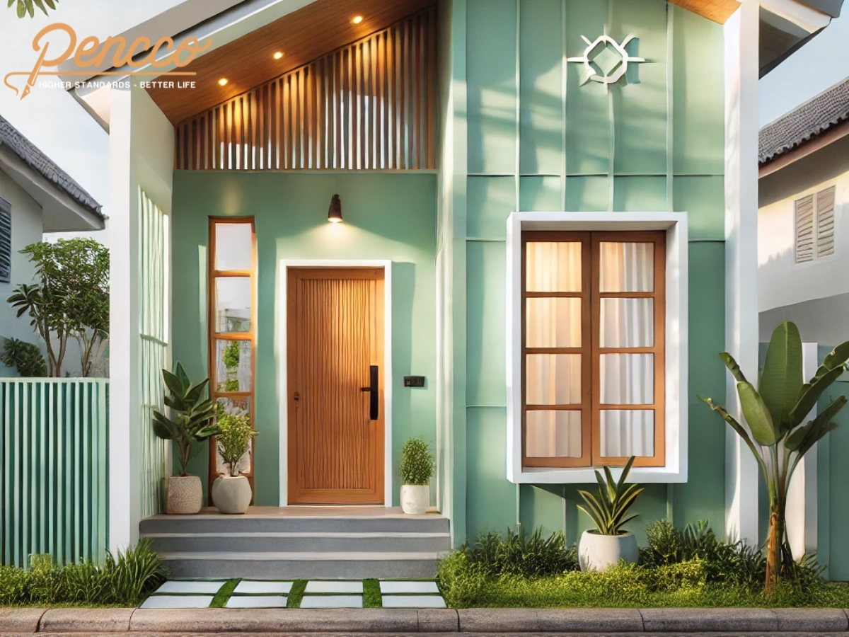 Nhà cấp 4 một tầng màu xanh ngọc, cửa gỗ và khung cửa trắng