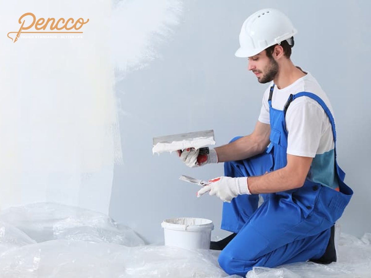 Thi công bột bả lên tường cũ để làm phẳng bề mặt.