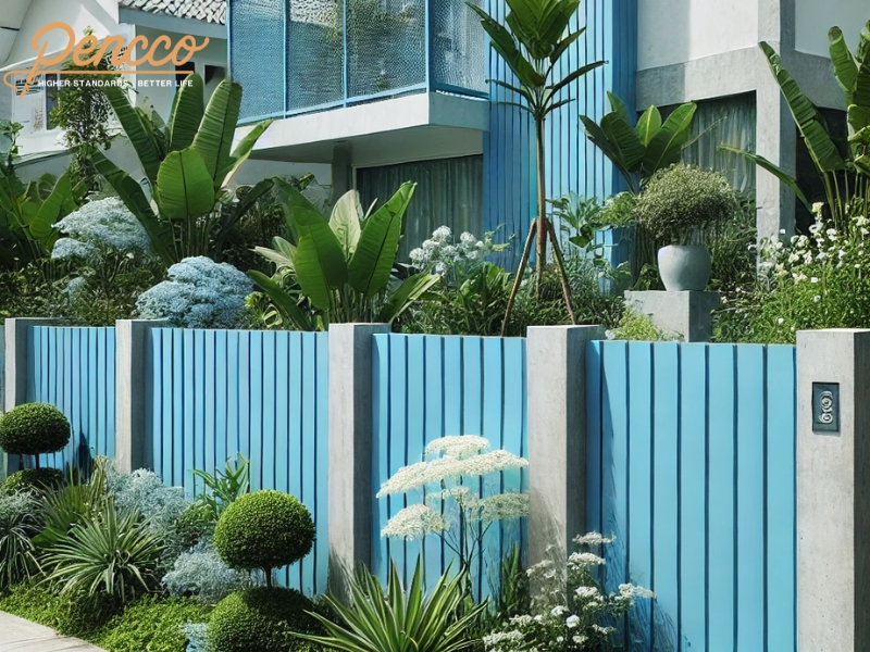Hàng rào bê tông màu xanh nước biển với ngôi nhà màu trắng, cây cảnh xanh tươi và hoa trắng tạo không gian thư thái.