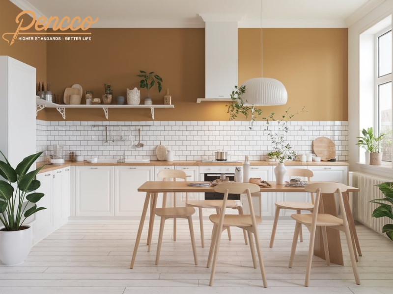 Cây xanh trang trí trong phòng bếp Scandinavian với màu sơn vàng nâu cát biển.