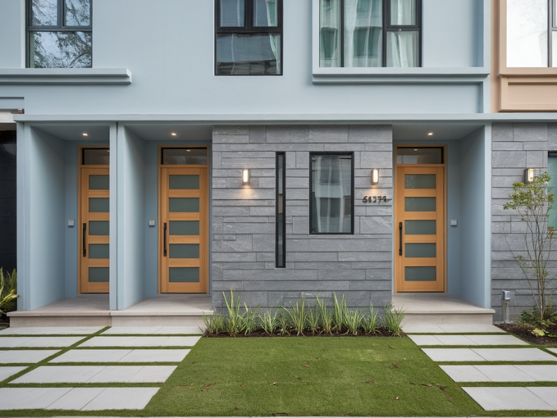 Mặt tiền nhà phố màu xanh ghi với cửa gỗ tự nhiên và kính cường lực