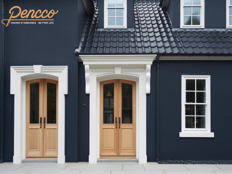 Nhà hiện đại xanh lam với khung cửa trắng
