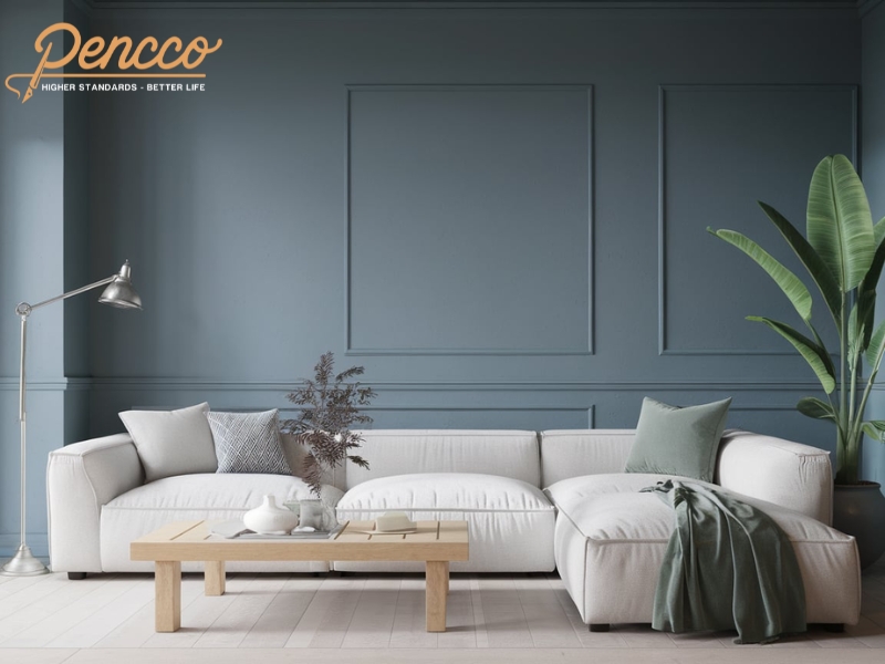 Không gian phòng khách Scandinavian với cây xanh và đèn đứng