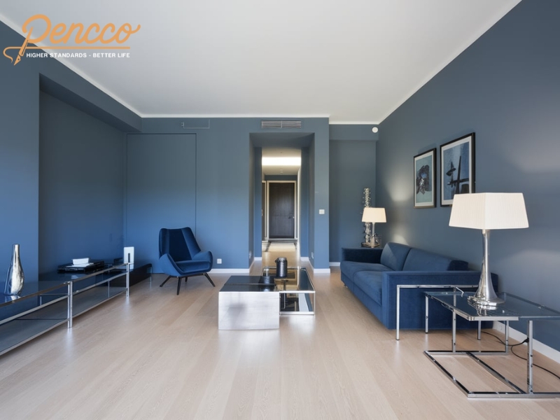 Phòng khách Steel Blue với điểm nhấn chrome