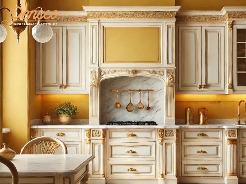 Phòng bếp cổ điển với tường vàng ánh kim, tủ bếp gỗ sồi sơn trắng và mặt đá marble.