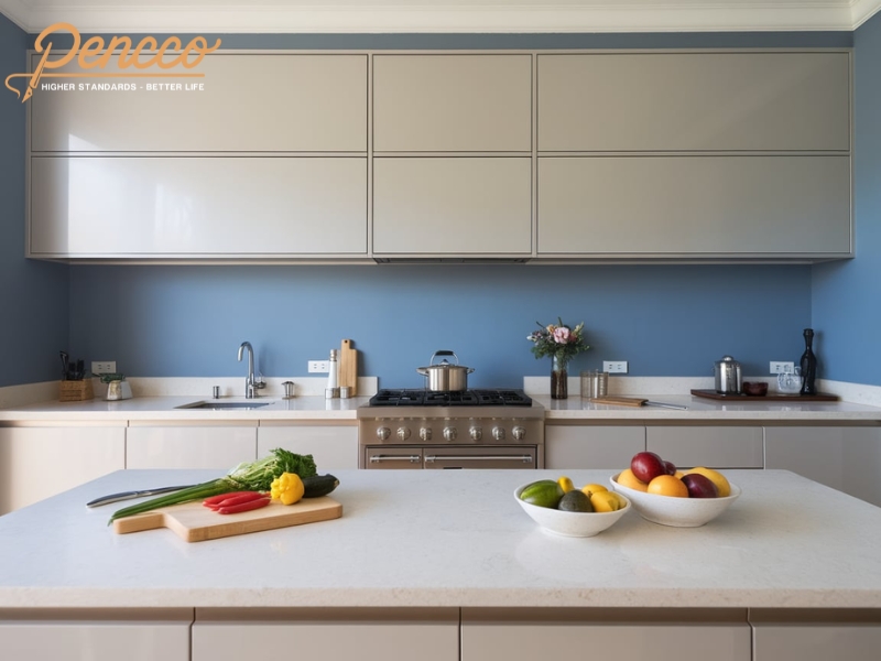 Phòng bếp hiện đại xanh lam với hoa và rau củ