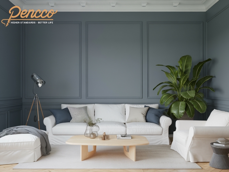 Phòng khách Scandinavian màu xanh ghi Grayish Blue
