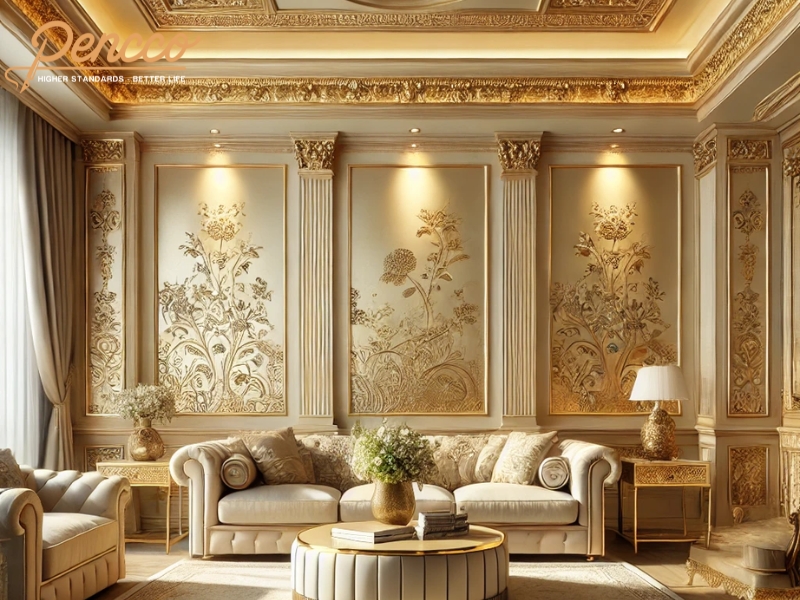 Phòng khách tân cổ điển vàng ánh kim với nội thất màu be.