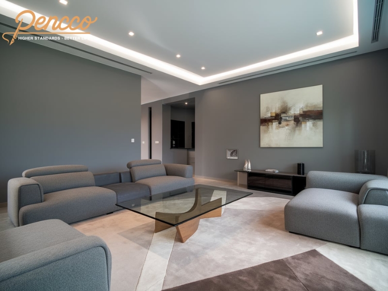 Phòng khách hiện đại màu xanh ghi Slate Gray.