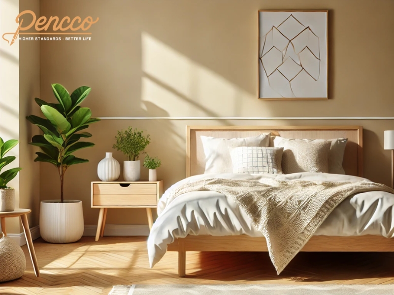 Phòng ngủ Bắc Âu với tường vàng ánh kim pastel và nội thất gỗ sáng.