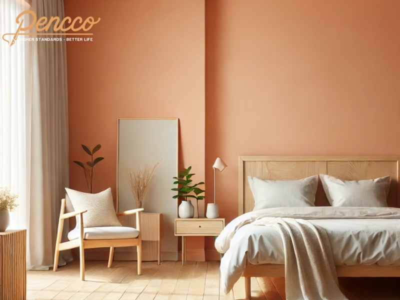 Phòng ngủ màu cam pastel với nội thất gỗ sáng.