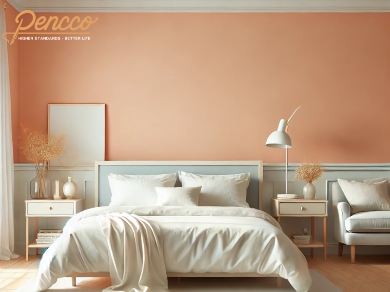 Phòng ngủ màu cam pastel với nội thất màu trắng và xanh nhạt.