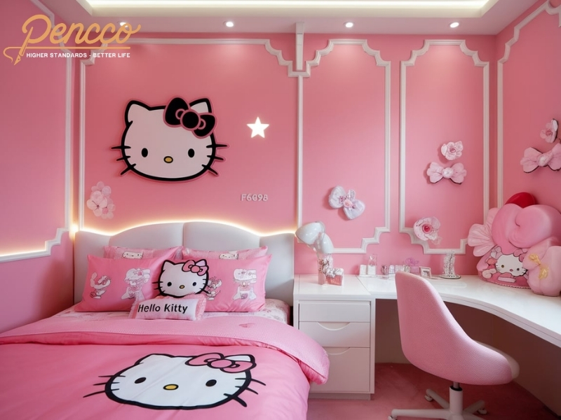 Tường hồng pastel và trắng tinh trong phòng Hello Kitty