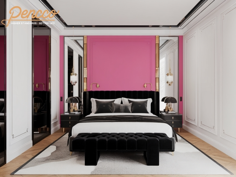 Phòng ngủ hồng đậm phong cách Modern Glamour
