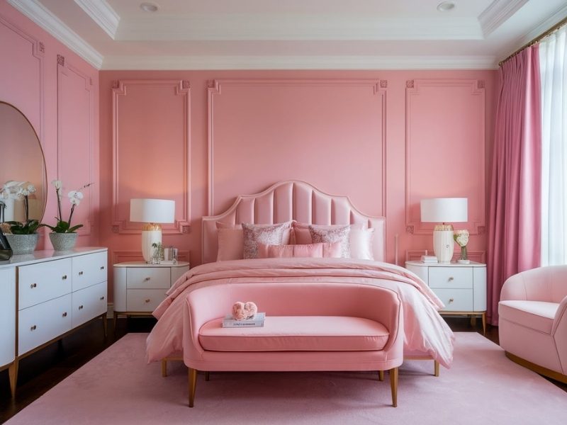 Phòng ngủ nhẹ nhàng với tường hồng pastel và ánh vàng