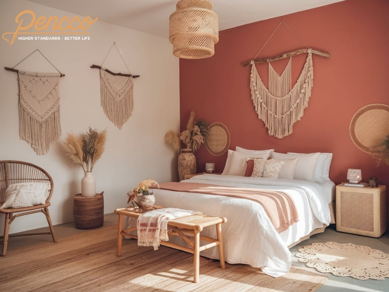 Phòng ngủ gần gũi với thiên nhiên màu hồng đất