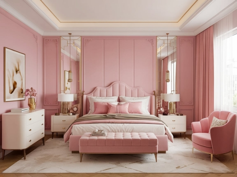 Phòng ngủ nhẹ nhàng với tường hồng pastel và ánh vàng