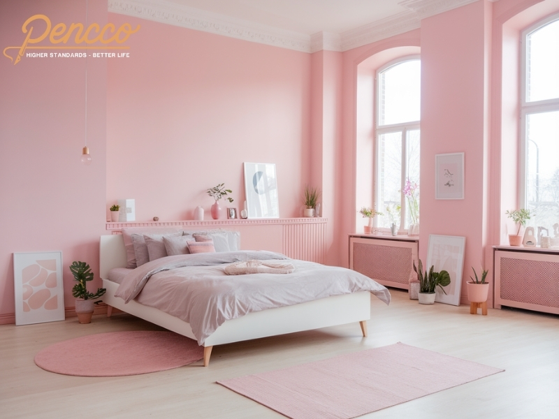 Tường hồng pastel với nội thất trắng và xám nhạt