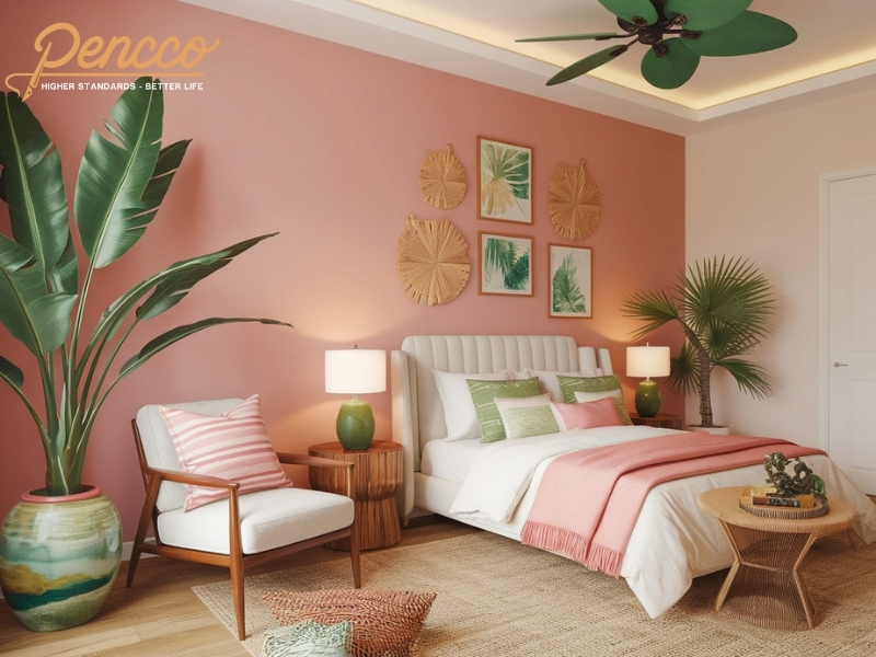 Phòng ngủ gần gũi với thiên nhiên màu hồng phấn