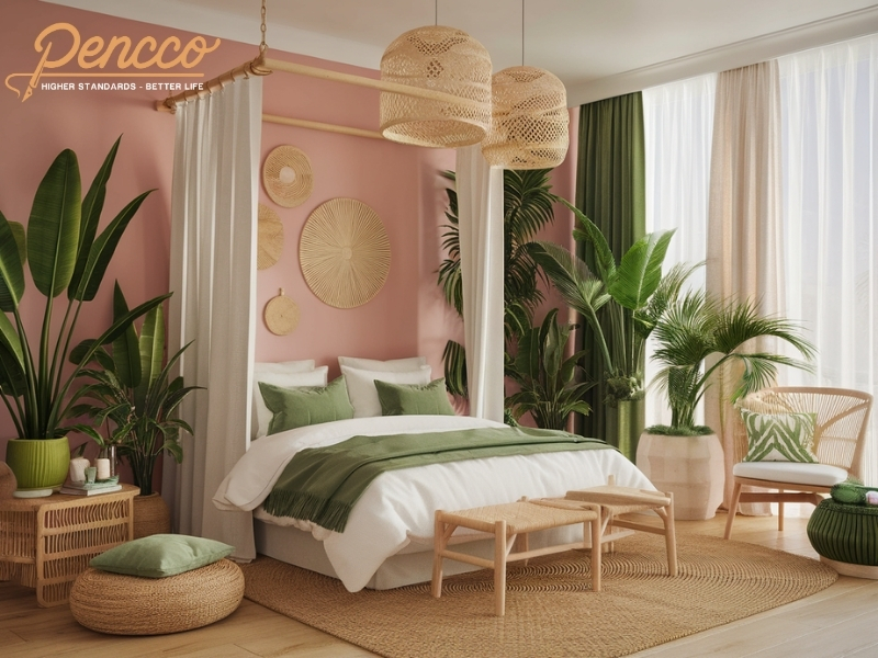 Phòng ngủ hồng phấn phong cách Tropical