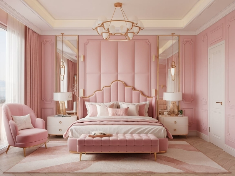 Phòng ngủ sang trọng với tường hồng pastel