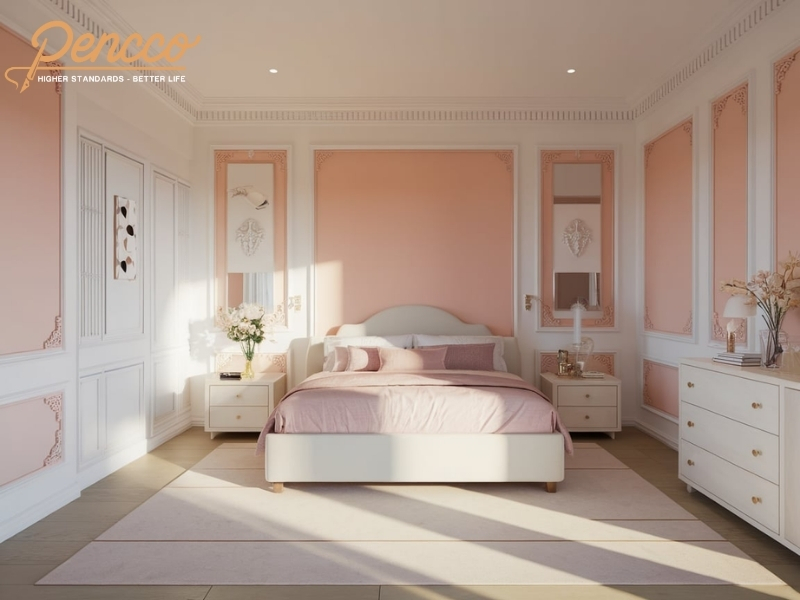 Phòng ngủ hiện đại với tường trắng và hồng pastel