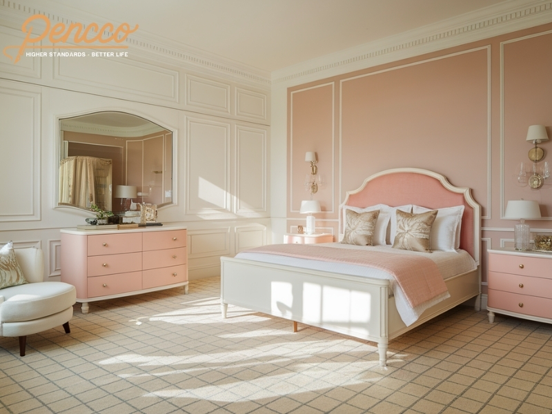 Phòng ngủ rộng rãi với tông hồng pastel và trắng