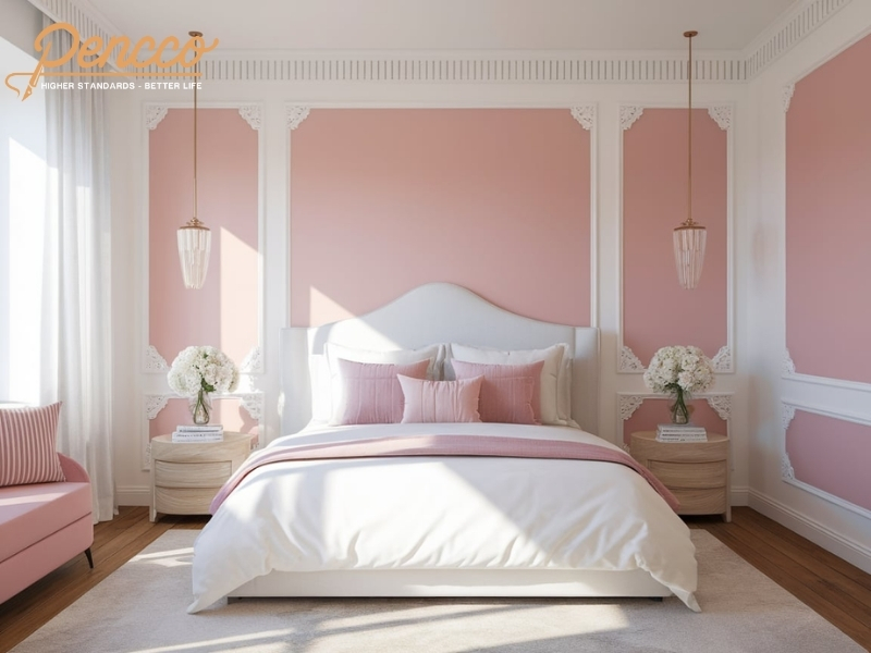 Tường panel trắng và hồng champagne tinh tế