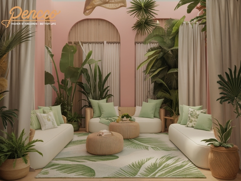 Không gian phòng ngủ Tropical với hồng và xanh lá