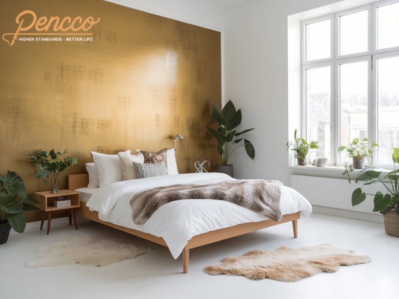 Ánh sáng tự nhiên chiếu vào phòng ngủ Scandinavian với tường sơn vàng nâu ánh kim.