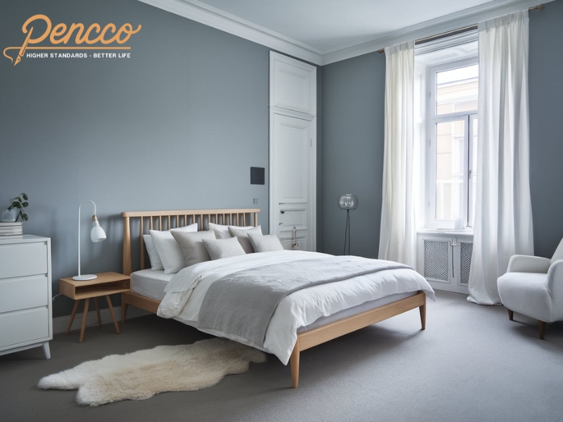Phòng ngủ Scandinavian màu xanh ghi với giường gỗ và thảm lông