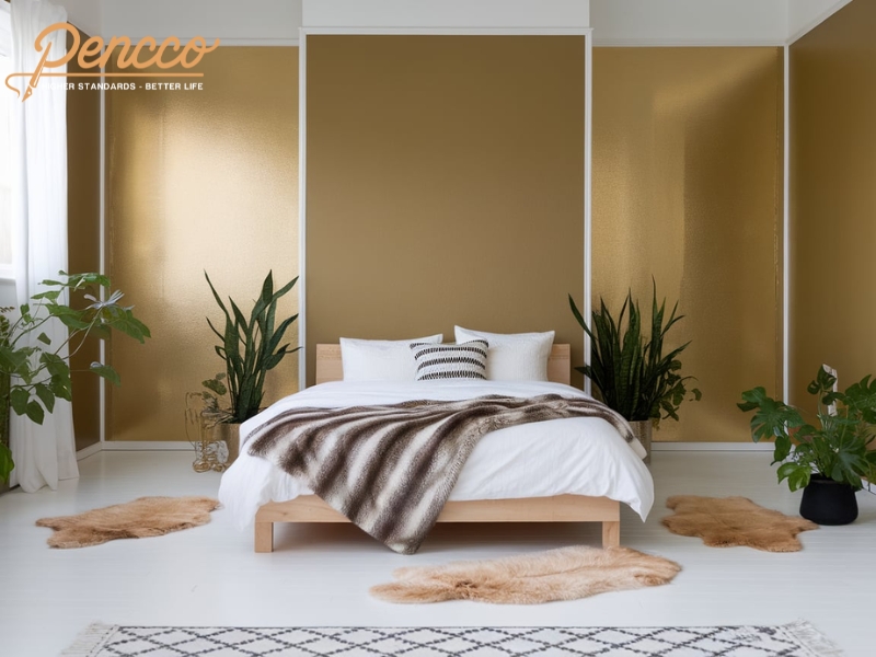 Phòng ngủ Scandinavian với tường vàng nâu ánh kim và nội thất tối giản.