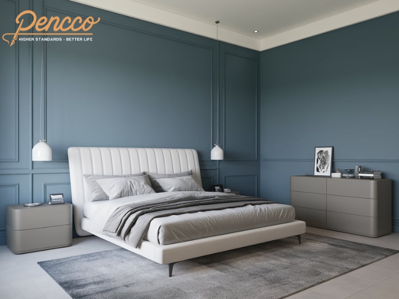 Phòng ngủ Space Blue với nội thất xám trắng.