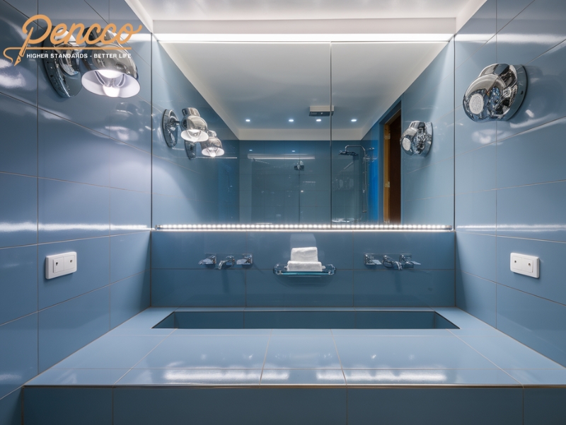 Phòng tắm Ocean Blue với đèn tường độc đáo