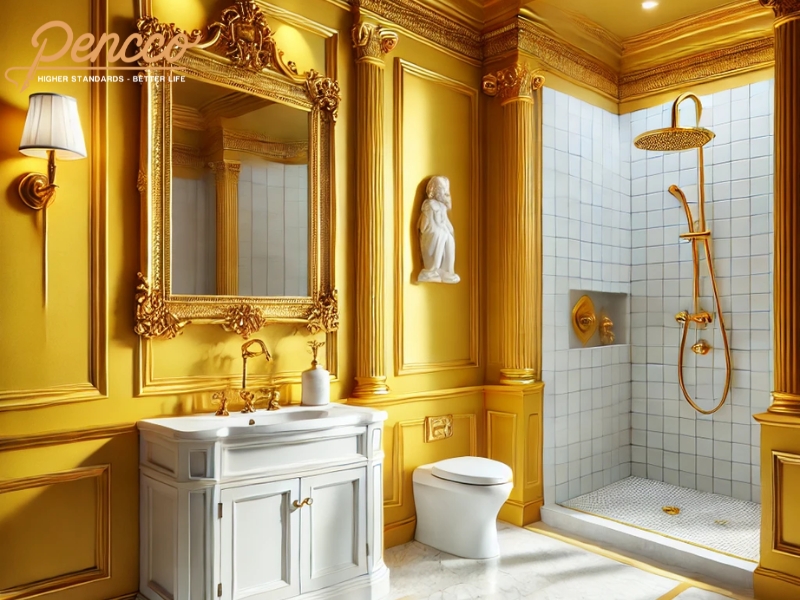 Phòng tắm cổ điển với tường vàng ánh kim rực rỡ, gạch trắng và thiết bị mạ vàng.