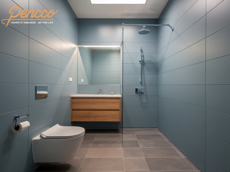 Phòng tắm màu xanh ghi với thiết bị vệ sinh sứ treo tường minimalist