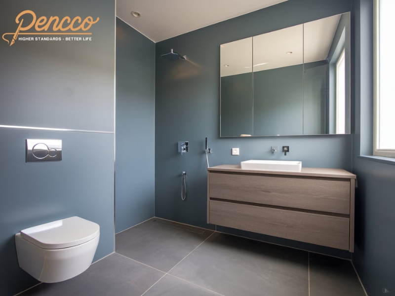Phòng tắm màu xanh ghi với thiết bị vệ sinh minimalist và vòi sen âm tường