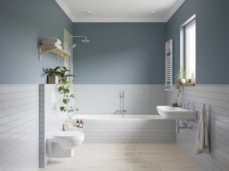 Phòng tắm Scandinavian với vòi sen trắng matte