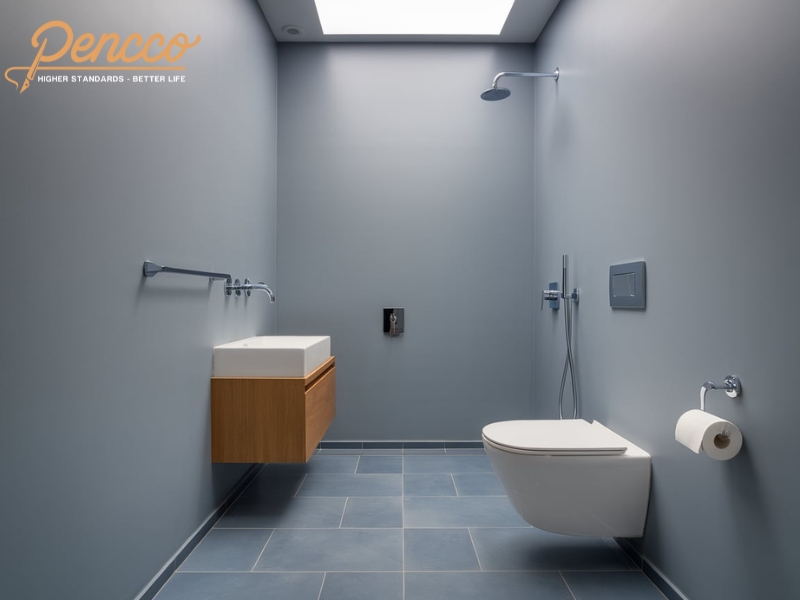 Phòng tắm với gạch porcelain lớn và vòi sen âm tường chrome