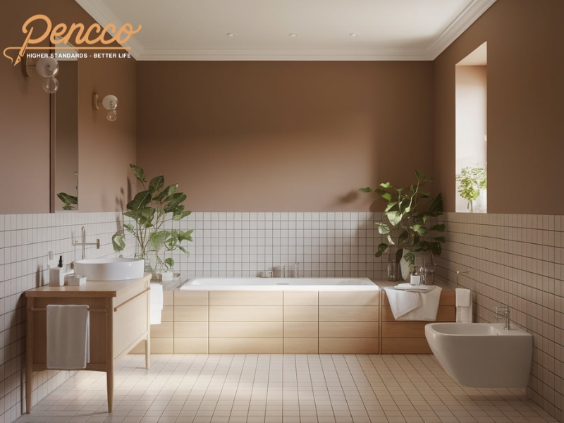 Phòng tắm với tường sơn vàng nâu cà phê và nội thất gỗ sáng màu.