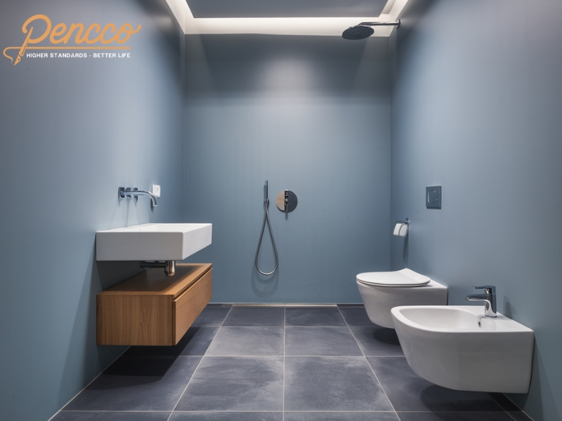 Phòng tắm hiện đại màu xanh ghi với tủ lavabo gỗ công nghiệp chống ẩm