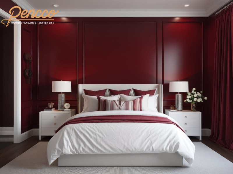 Sự kết hợp giữa màu đỏ đậm và điểm nhấn trắng trong phòng ngủ.