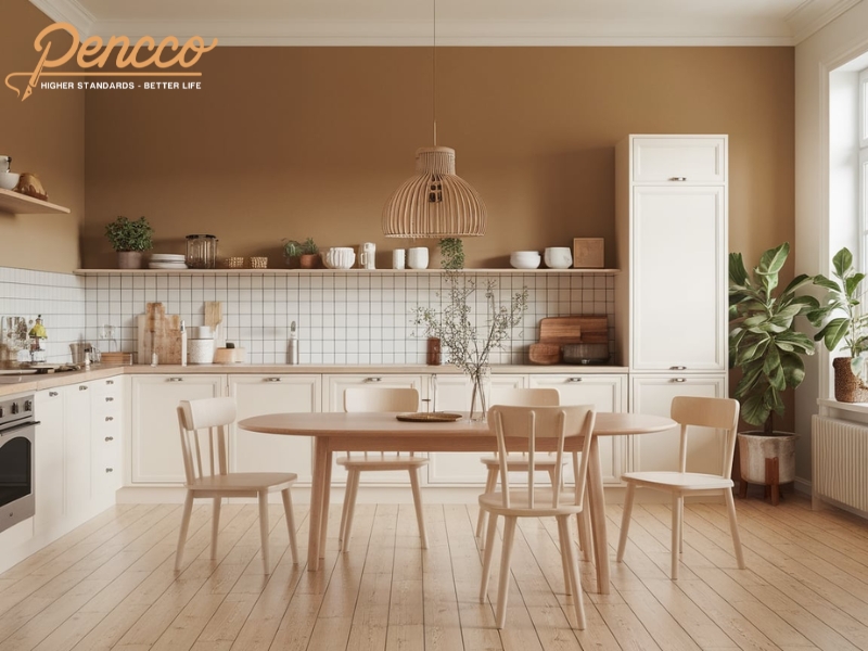 Tủ bếp trắng và gỗ sáng trong phòng bếp với màu sơn vàng nâu cát biển